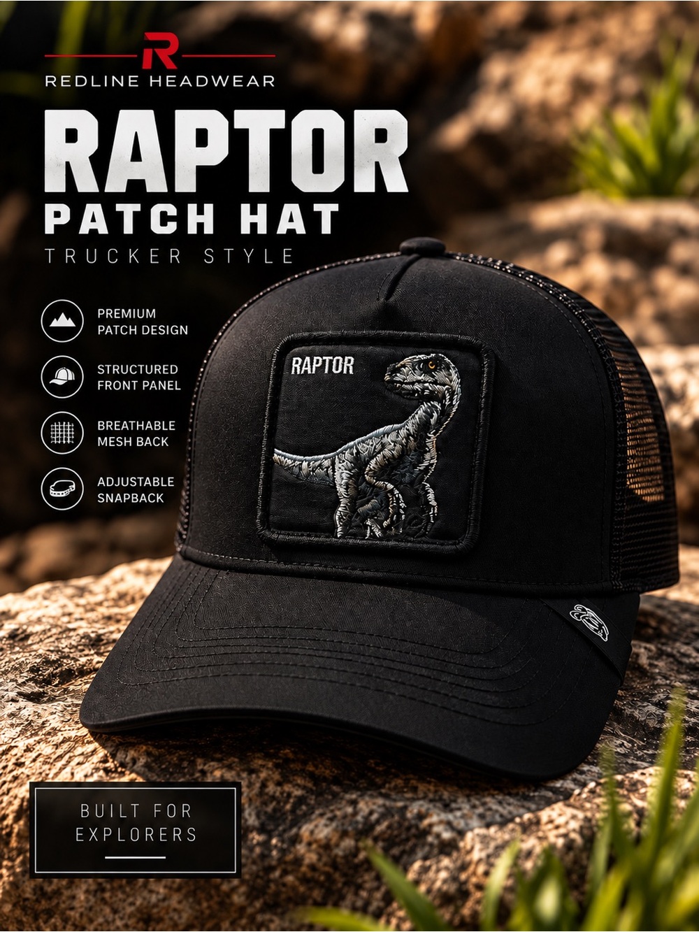 Raptor Patch Trucker Hat – Black Dinosaur Snapback Cap, Embroidered Raptor Hat